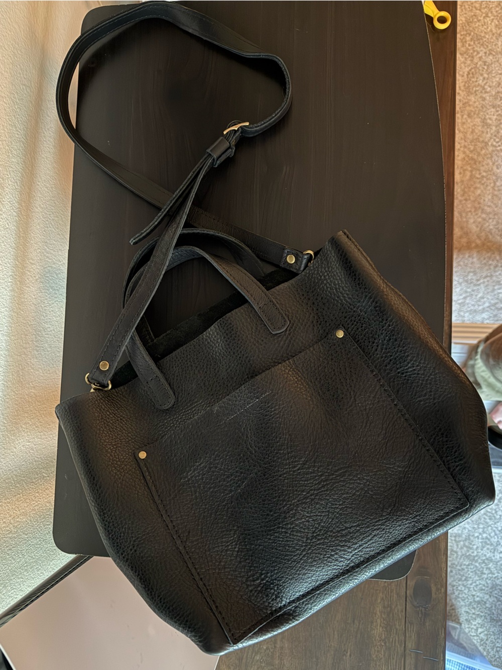 Portland Leather Black Leather Tote Bag with Crossbody Strap